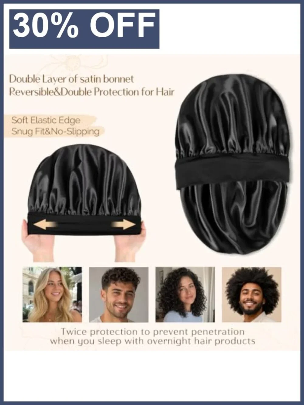 Soft Satin Bonnet, Non-Slip Sleep Cap, Double Layer Reversible Hair Wrap